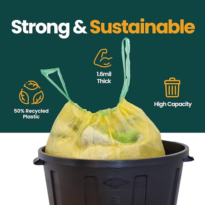 13 Gallon Trash Bags with Drawstrings, 40 Bags Made from 50% Recycled Plastic, Leakproof and Tear-Resistant, Tall Kitchen Garbage Bags for Home and Office