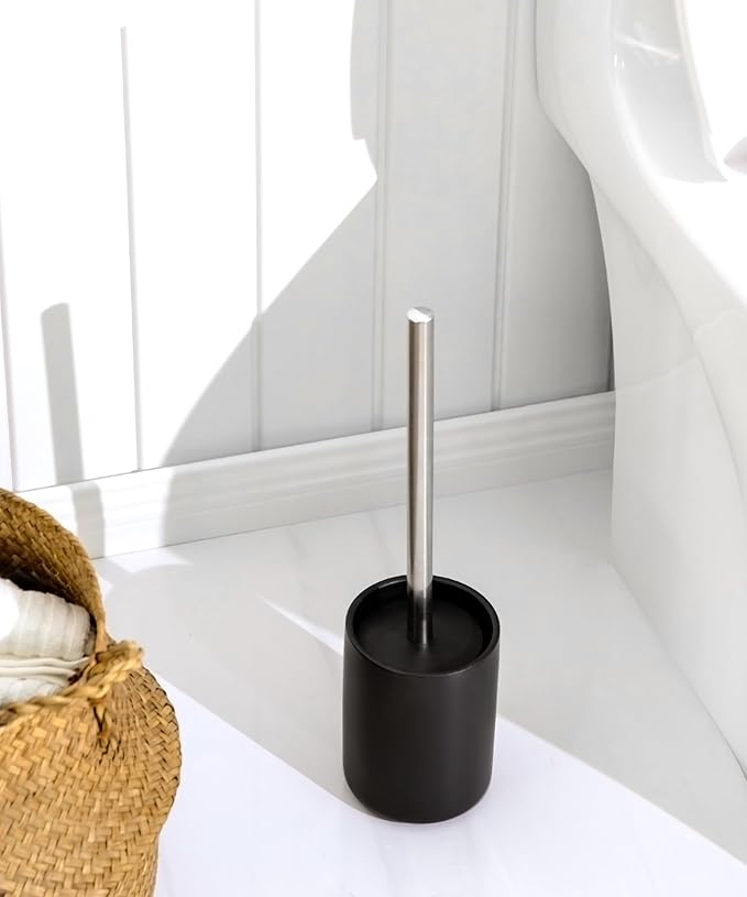 Ceramic Toilet Brush & Holder Set - Freestanding Deep-Cleaning Toilet Bowl Cleaner Brush, Stainless Steel Handle, Small & Sturdy for Storage, Easy to Clean, Non-Scratching