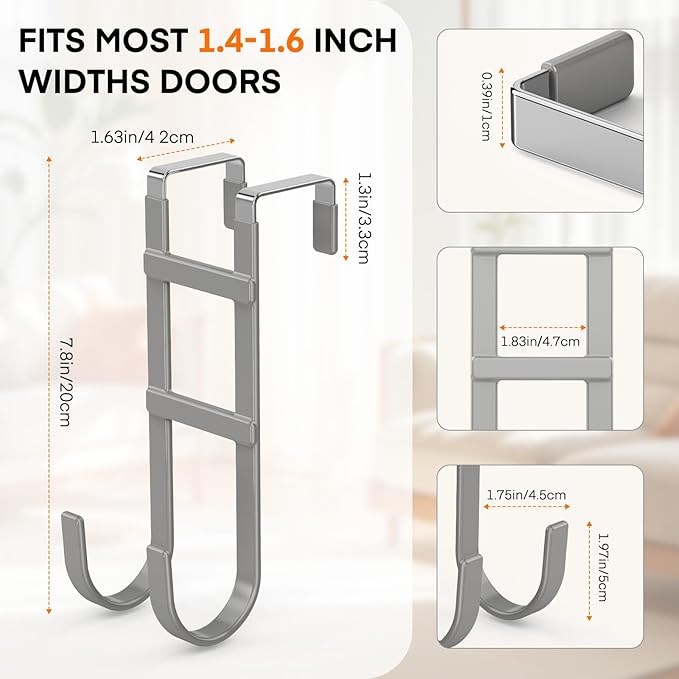FYY Over The Door Hooks - 4 Pack Heavy Duty Dual-Hook Organizer Hanger with Non-Slip Rubber for Towels, Clothes, Hats & Bags Use in Bathroom, Bedroom, Kitchen - Fits Interior Doors Up to 1.6" Grey