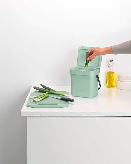 Brabantia Sort & Go Food Trash Can (0.8 Gal/Jade Green) Small Countertop Kitchen Compost Caddy with Handle & Removable Lid, Easy Clean