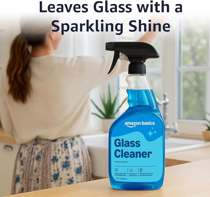 Amazon Basics Glass Cleaner, 32 Fl Oz, Pack of 2 with 1 Sprayer