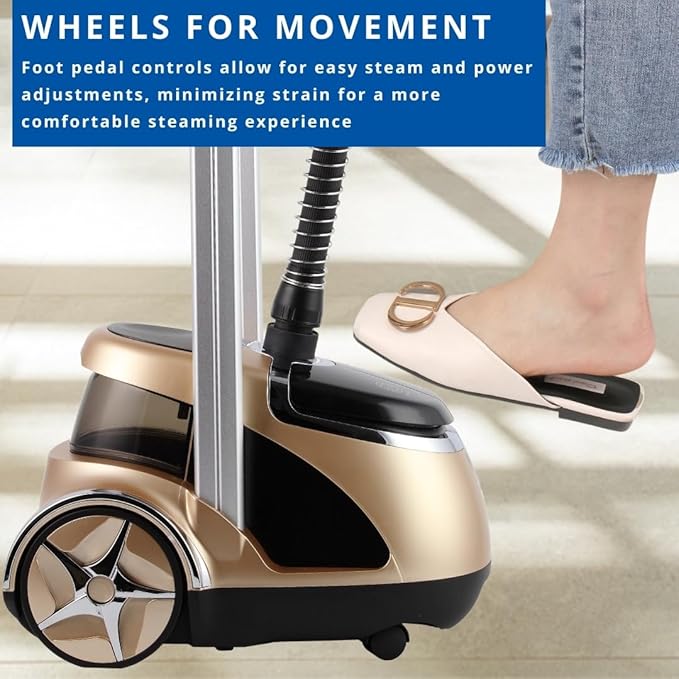 SALAV® Professional Garment Steamer for Clothes with Foot Pedal Control, Stainless Steel Steam Plate, Retractable Power Cord, 1.8L Water Tank for 1hour Steam Time, Wheels for Easy Movement, Gold