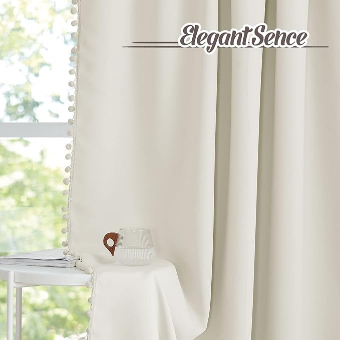 RYB HOME Bedroom Curtains 84 Inches Long Kids Curtains Blackout Window Drapes with Pom Pom Balls Lights & Heat Blocking Drapes for Girls Boys Kitchen Farmhouse, Beige, W52 x L84, Set of 2