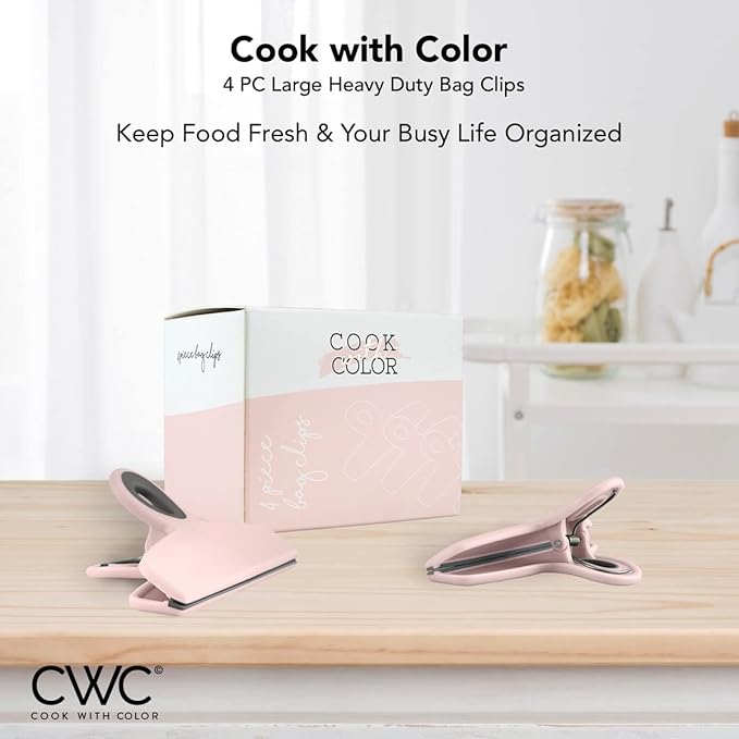 COOK WITH COLOR Bag Clips - Heavy Duty Chip Clip and Refrigerator Magnet Clips for Food Storage with Air Tight Seal Grip, Pink, Pack of 4 Large Clips