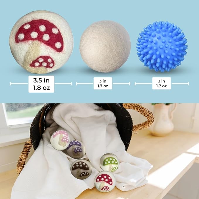 Ezhippie Quality Wool Dryer Balls - 6 XL Mushroom Pack - 1000+ Loads - Pure Organic Wool - Reusable Natural Fabric Softener Perfect with Essential Oils, Reduce Clothing Static and Wrinkles