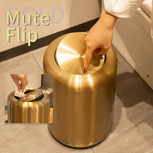 Waste Can 3 Gallon with Swing Lid，Brushed Stainless Steel Gold Trash Can，Metal Cylindrical Garbage Can，Brass Wastebasket Bin for Bathroom,LivingRoom,Office,Kitchen,Bedroom,Hotel (Gold)
