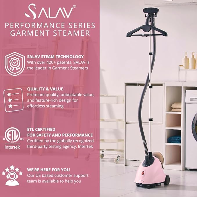 SALAV GS18-DJ Standing Garment Steamer with Roll Wheels for Easy Movement, 1.8L Water Tank for 1 Hour Continuous Steaming, Adjustable Pole for Storage, Includes Descaler Packet, 1500 watts - Pink