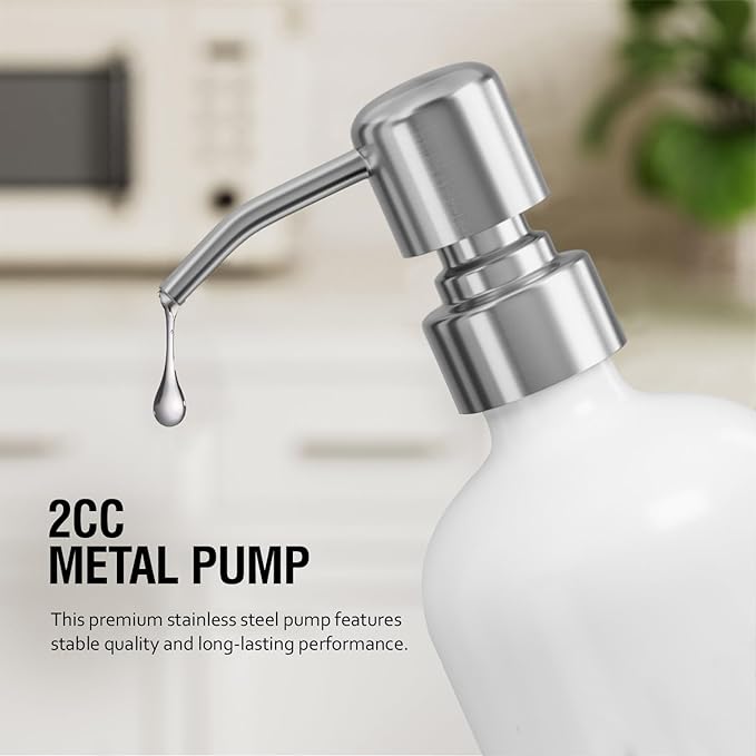MOMEEMO Hand Soap Dispenser for Bathroom, Soap and Lotion Dispenser Set with Silver Metal Pump, Suitable for Farmhouse Bathroom Decor. (White & Silver)