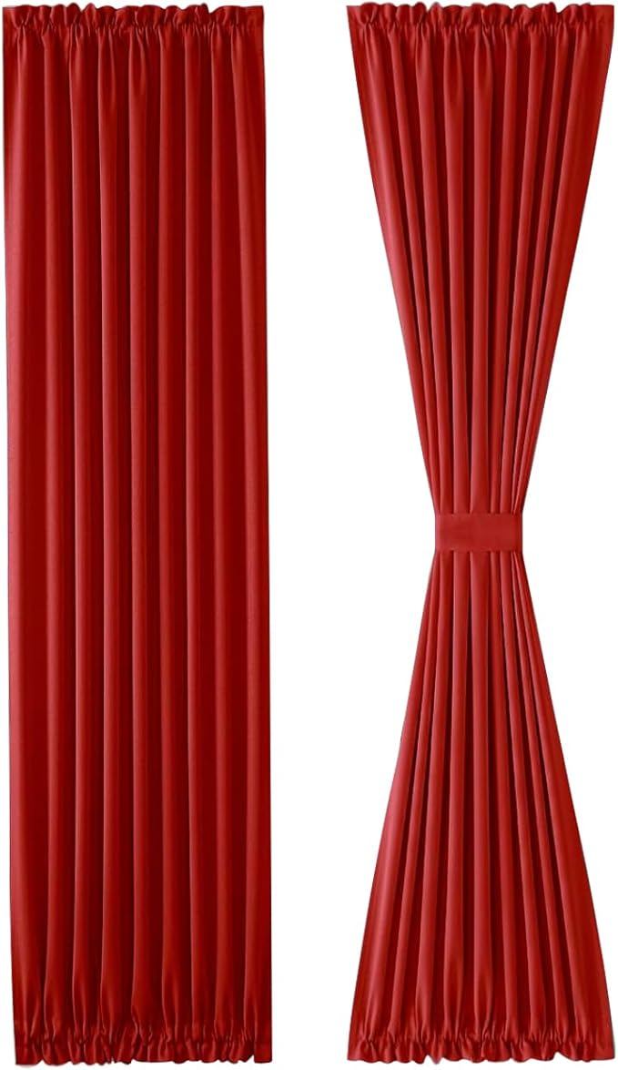DWCN French Door Curtains – Rod Pocket Thermal Blackout Curtain for Doors with Glass Window, Christmas, Kitchen and Patio Doors for Privacy, 25 X 72 Inches Long, 1 Curtain Panel with Tieback, Red