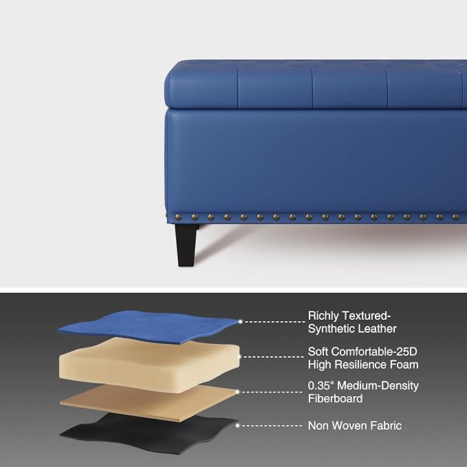 Storage Ottoman Bench, 51-Inch Large Storage Bench for Bedroom End of Bed, 30 Gallons Faux Leather Ottoman with Storage for Bedroom, Living Room, Entryway, Hallway, Blue