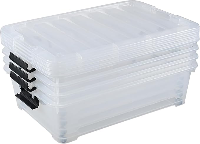 4-Pack 25 Quart Under Bed Plastic Storage Bins, Clear Under Bed Storage Box Container with Wheels