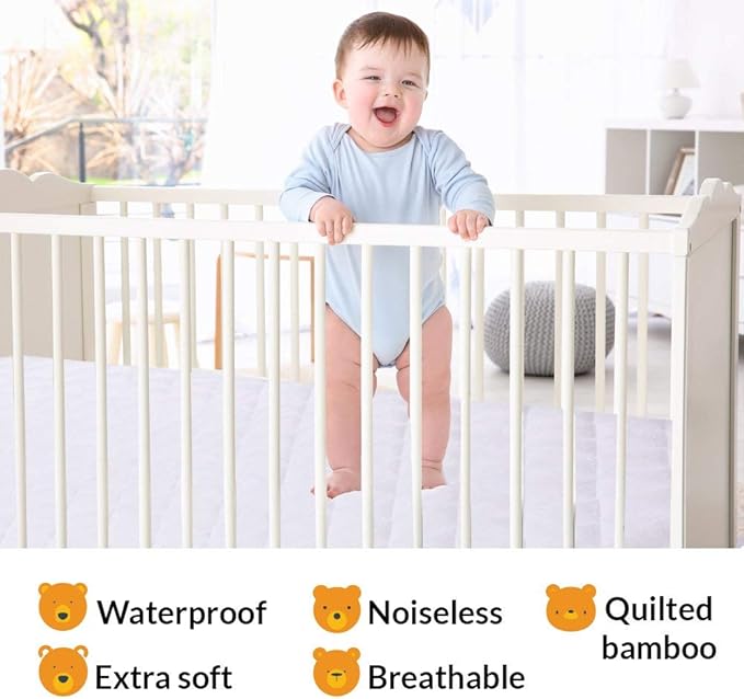 Crib Mattress Protector 100% Waterproof, Noiseless – Viscose Made from Quilted Ultra Soft White Terry Fitted Sheet Style (28"x52")
