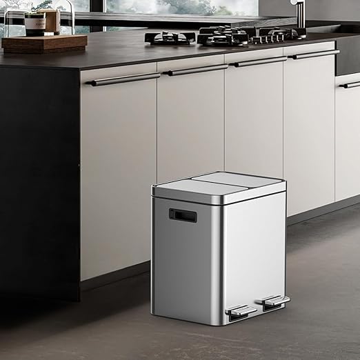 2 x 4 Gal (2 x 15L) Trash Can, Stainless Steel Triple Compartment Step-On Recycling Bin with Soft-Close Lids & Removable Plastic Inner Buckets for Kitchen, Home, Office