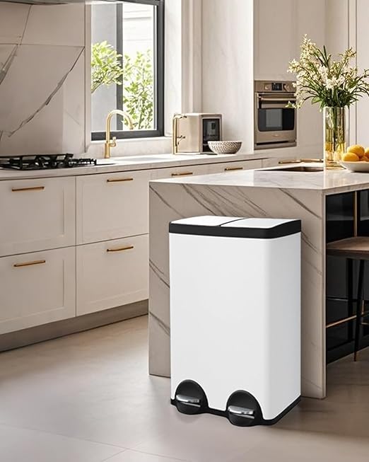Dual Compartment Stainless Steel Trash Can, 16 Gallon / 60 Liters White Kitchen Garbage Bin with Silent Sealed Lids, Dual Recycling and Trash White for Home & Office