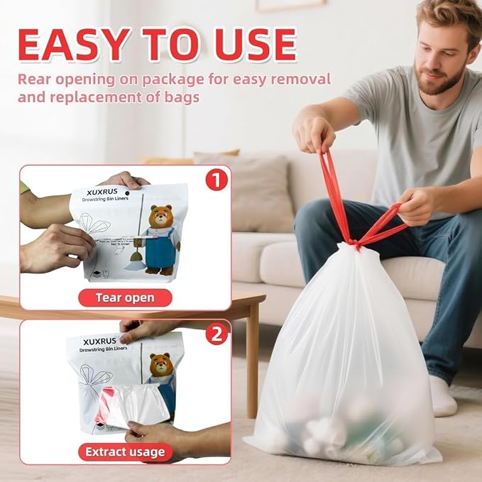 3 Gallon Trash bag Small White Drawstring Trash Bags, Tear-Free Heavy Duty Garbage Bags, Leak-Proof & Odor Blocking Small Garbage Liners for Kitchen, Bathroom, Multi-Purpose Use 60 Count by XUXRUS