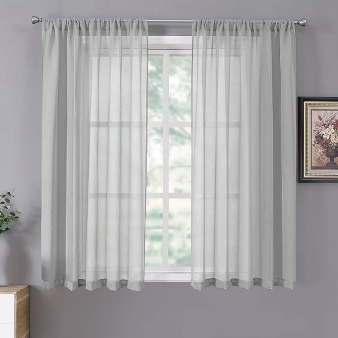 Tollpiz Short Sheer Curtain Living Room Linen Textured Curtains Sheer Light Filtering Voile Rod Pocket Curtain for Bedroom, 38 x 54 inches Long, Silver Grey, Set of 2 Panels