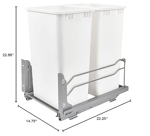 Rev-A-Shelf Double Pullout Trash Cans for Full Height Kitchen Cabinets 50 Quart 12.5 Gallon with Soft-Close Slides, White, 53WC-2150SCDM-211