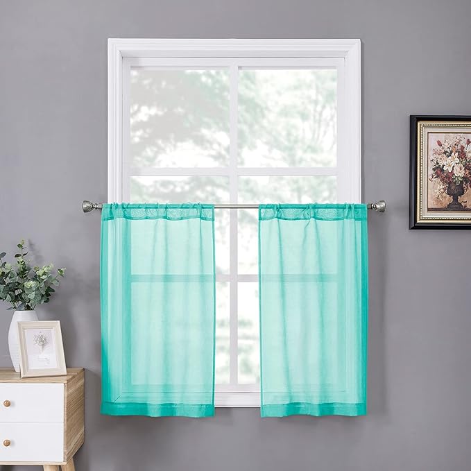 Tollpiz Short Sheer Tier Curtains Linen Textured Half Kitchen Curtain Sheers Light Filtering Rod Pocket Voile Small Curtain for Bathroom, 25 x 24 inches Long, Aqua Blue, Set of 2 Panels