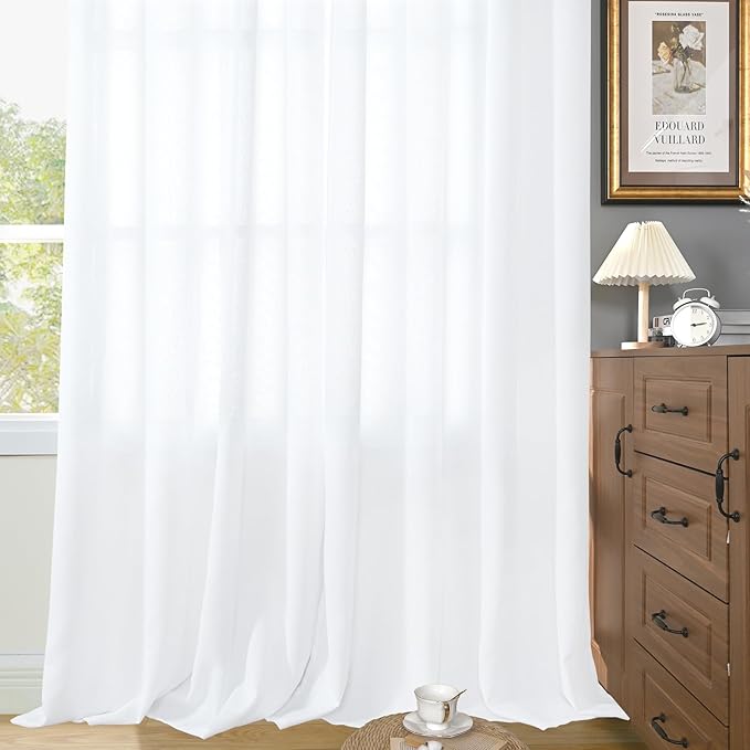 YoungsTex White Linen Semi Sheer Curtains 108 Inch Length 2 Panels, Light Filtering Window Drapes Extro Long for Living Room Bedroom, 40 X 108 Inch