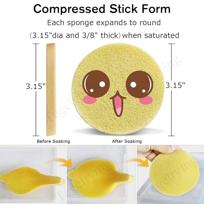 Facial Sponge Compressed,60 Pcs PVA Professional Makeup Removal Wash Round Face Sponges Spa Pads Exfoliating Cleansing for Women,Yellow
