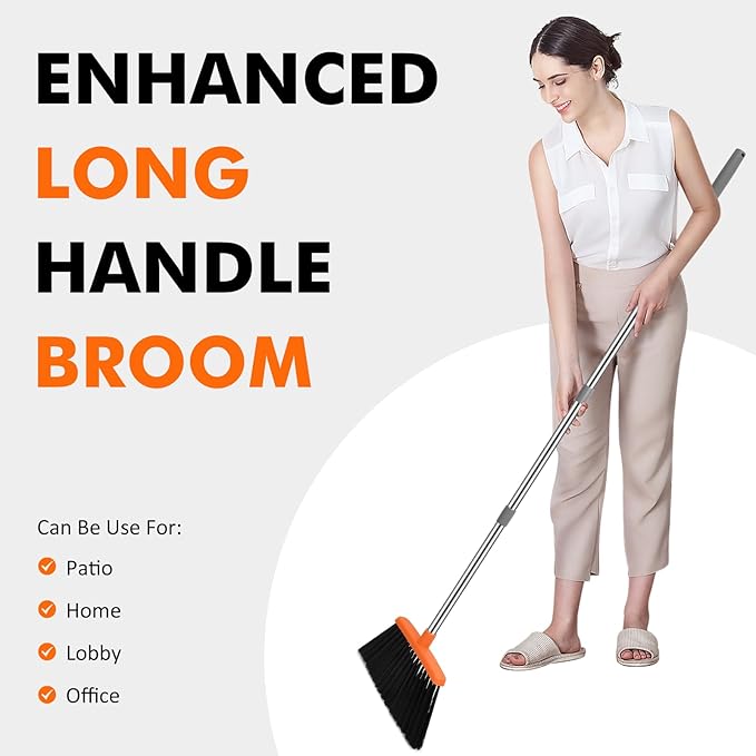 NACENA Heavy Duty Broom, 55 Inch Long Handle Outdoor Large Angle Brooms, Commercial Broom for Sweeping Indoor, for Home Garage Kitchen Office Courtyard Lobby Patio Lawn Concrete (Grey&Orange)
