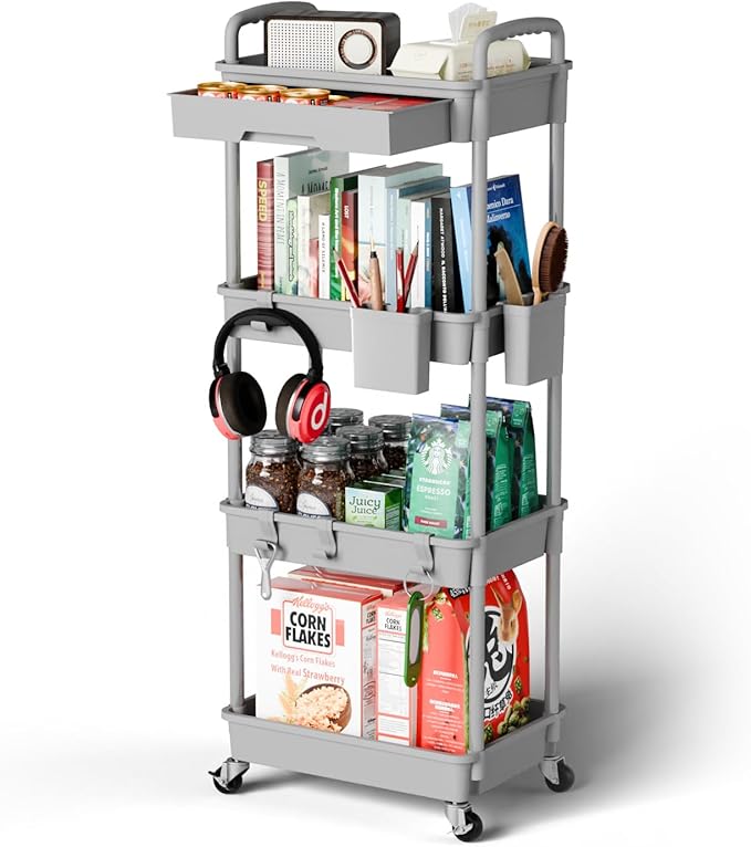 4 Tier Rolling Cart Organizer,Art Craft Diaper Bedside Snack Laundry Room Bathroom Organizer Narrow Thin Slim Rolling Trolley Utility Cart with Wheels for Kitchen,Office(Grey)