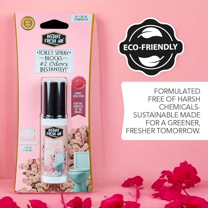 2-Pack: Superior Toilet Spray for Women with Instant Odor Elimination, Powdery Rose Fragrance, Odor Eliminator Bathroom Spray, Travel Size, Long-Lasting, Eco-Friendly, 1.35 Oz. - INSTANT FRESH AIR