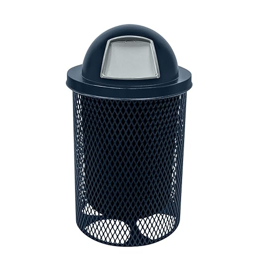 COATEDOUTDOORFURNITURE RDT-DBL Heavy Duty 32 Gallon Round Trash Receptacle, Liner Included, Dark Blue with Black Dome, Made in America