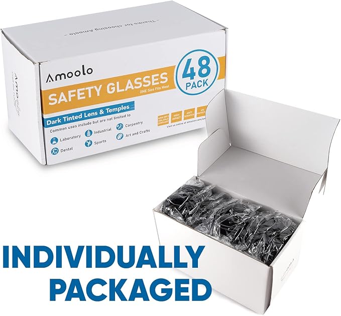amoolo Tinted Safety Glasses Bulk of 24, Protective Safety Sunglasses, Dark Smoke Lenses for UV Protection, ANSI Z87.1 Impact Resistant Eye Protection for Work, Lab, Construction