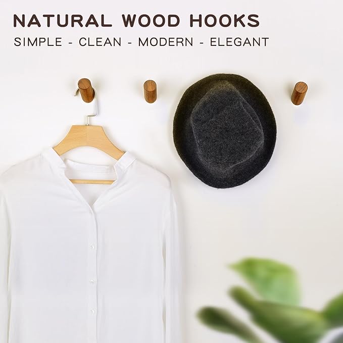 Wood Wall Hooks, 4 Pack Coat Hooks Wall Mounted, Rustic Wooden Heavy Duty Robe Hook Hat Rack, Hooks for Hanging Bathroom Towels Clothes Hanger (Walnut Wood)