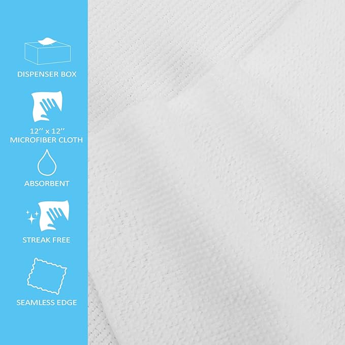 Tricol Clean Profesional Resuable Lint Free Microfiber Edgeless Cleaning Cloth 50PK Cleaning Rags,Absorbent Microfiber Wipes in Dispenser Box for Housekeeping, Car Cleaning (12 * 12 Inches) (white1)