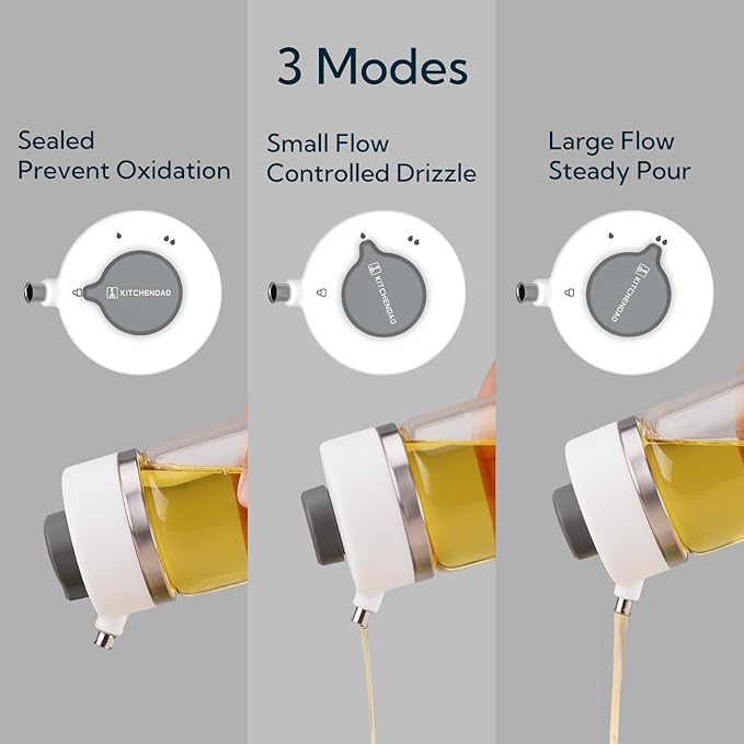 KITCHENDAO Precision Pour Glass Oil Dispenser 2-Piece Set with 3 Modes, Drip-Free Spout, Two Adjustable Flow Speeds, 12 oz Oil and Vinegar Dispensing Bottle 2 Pack Set for Kitchen