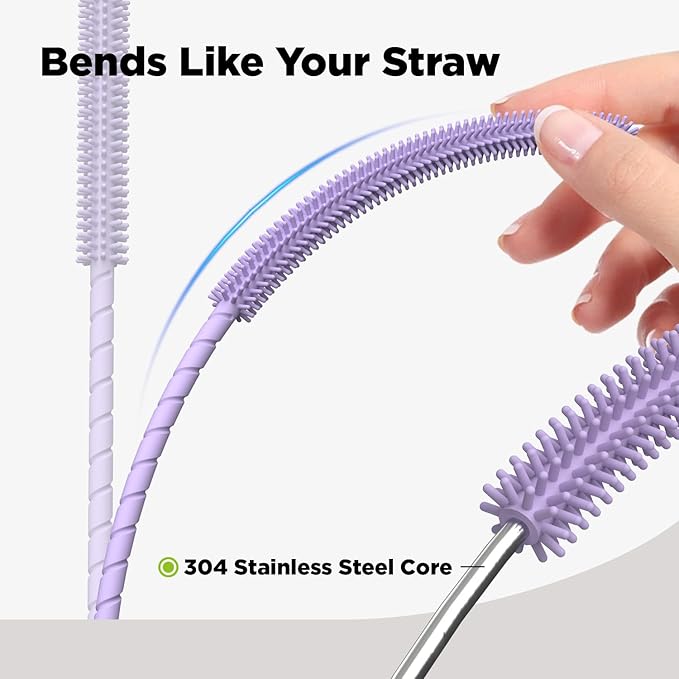2 Pcs Silicone Straw Cleaner Brush, Extra Long Cleaning Brushes for Straws, 6mm&9mm, Purple