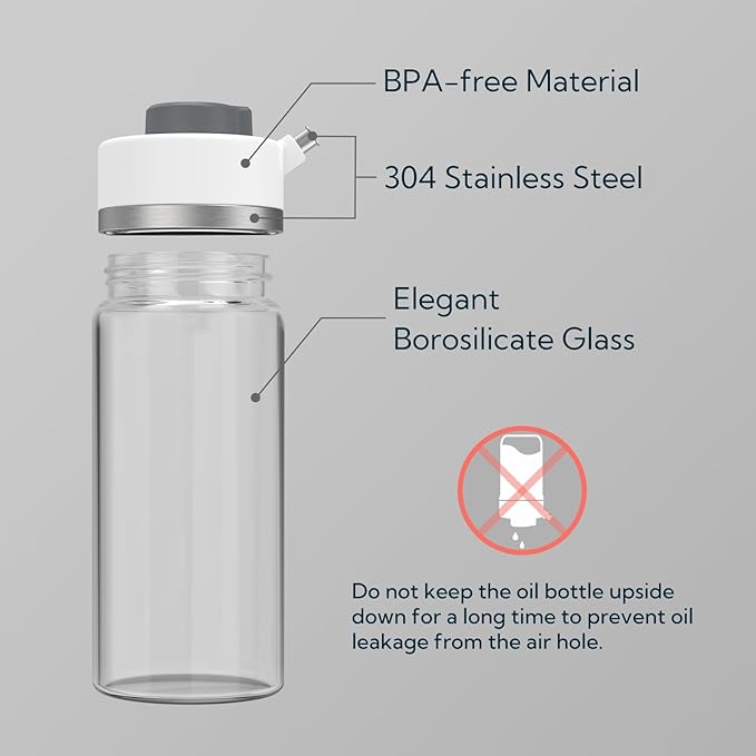 KITCHENDAO Precision Pour Glass Oil Dispenser with 3 Modes, Drip-free Spout, Two Adjustable Flowing Speed, 12 oz Vinegar Dispenser Bottle for Kitchen, Borosilicate Glass Olive Oil Bottle for Cooking