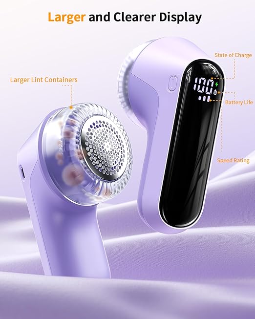 Fabric Shaver, Rechargeable Lint Shaver with Digital Display, Electric Portable Sweater Shaver with 6-Leaf Blades and Safety Lock, 3-Speeds Lint Remover to Remove Pilling for Clothes, Couch （Purple）
