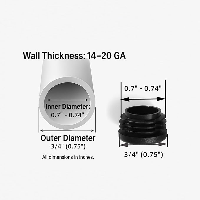 Plastic Plugs Tubing End Caps Chair End Caps Furnigear 3/4" Outside Bottom Round Tubing Caps Black Furniture Sliders Glides (Fit 0.7-074" Tube Inner Diameter, 40pack)