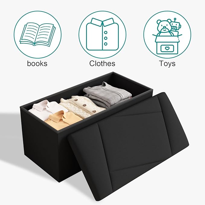 Folding Storage Ottoman Bench, 30 Inches Storage Chest, End of Bed Bench,Folding Ottoman for Bedroom, Entryway and Living Room, 30"x15"x15",Black