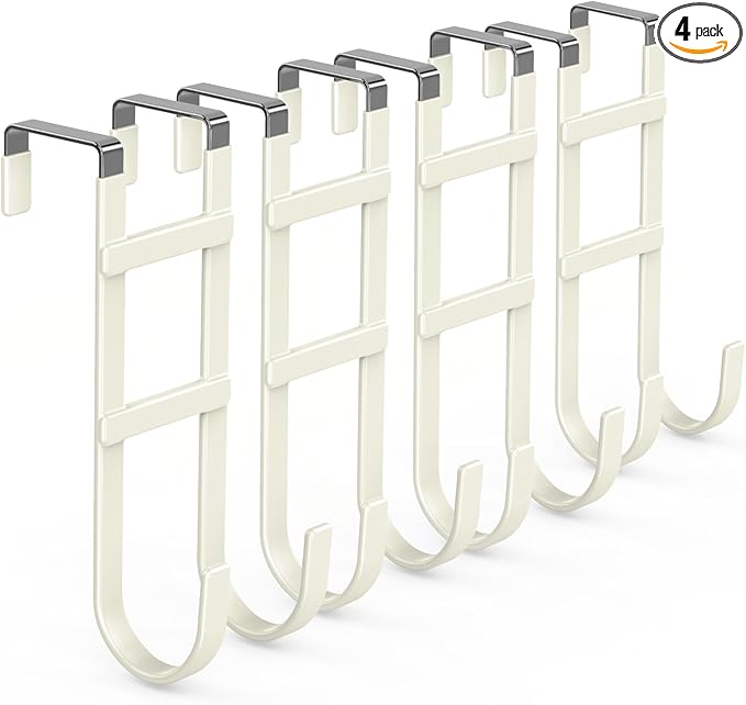 FYY Over The Door Hooks - 4 Pack Heavy Duty Dual-Hook Organizer Hanger with Non-Slip Rubber for Towels, Clothes, Hats & Bags Use in Bathroom, Bedroom, Kitchen - Fits Interior Doors Up to 1.6" Beige