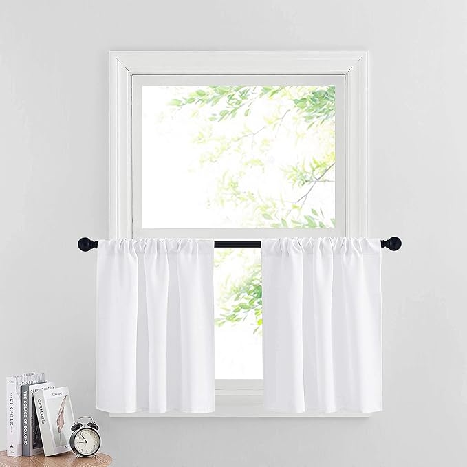 RYB HOME Room Darkening Curtains for Small Winow Lower Portion Decor Energy Saving Drapes for Kitchen Bedroom Bathroom Downstairs Window RV Curtains, W 29 x L 24, Pure White, 2 Panels