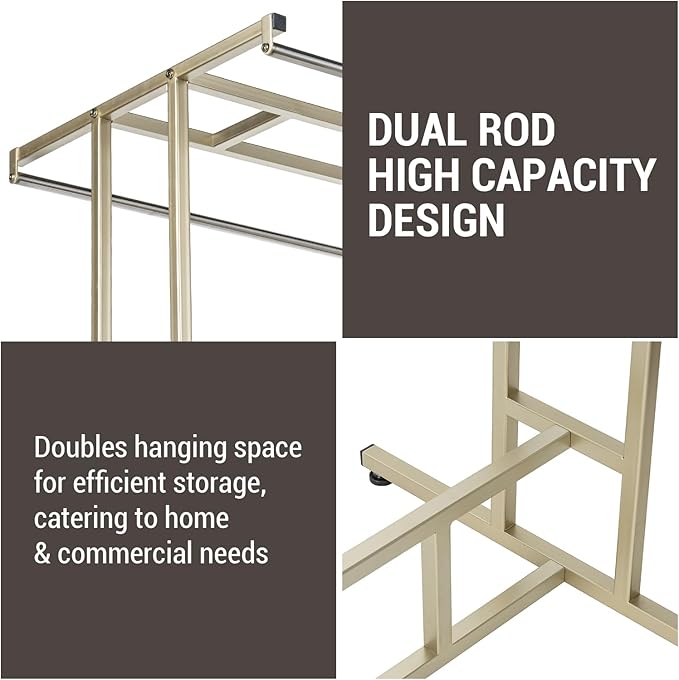 MyGift 4ft Tall Brass Tone Stainless Steel Freestanding Garment Rack, Heavy Duty Double Rod Clothes Closet Stand, Coat Dress Clothing Storage Display Shelf