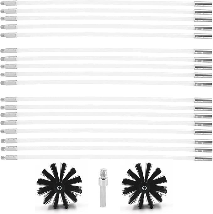 25 Feet Stove Pipe Clean Brush Extension Rods Flexible Fireplace Chimney Brush Stove Pipe Brush Rod Rotary Air Duct Dryer Vent Cleaner Rods Flue Brush Chimney Sweep Kit with Brush Head