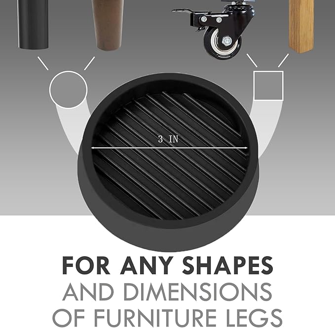 3X3 Round Rubber Caster Cups, Non Slip Furniture Pads, Anti-Slip Gripper, Anti Skid Furniture Feet, Anti Slide Floor Protector for Bed Couch Table Chair Stoppers - Black, 8 Pack