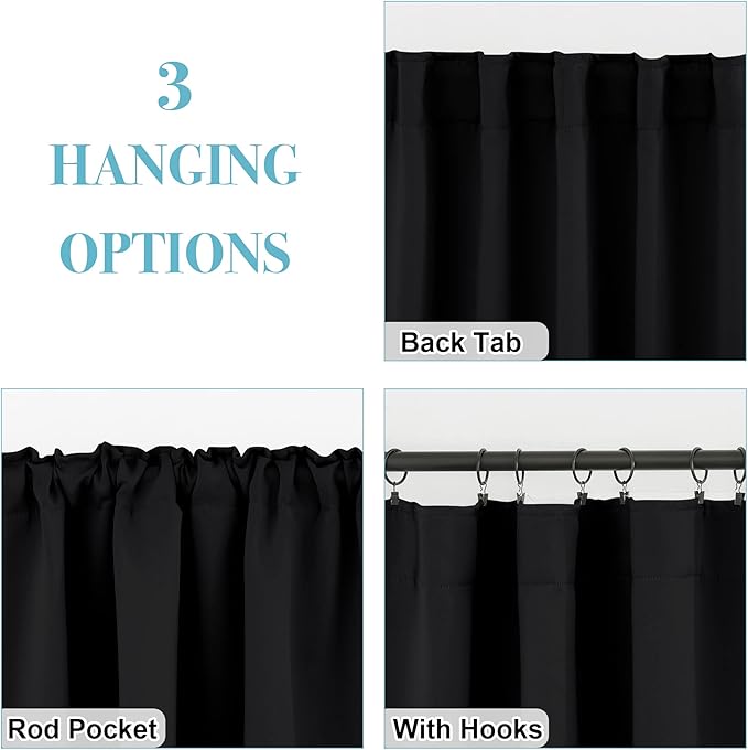 RYB HOME Short Black Curtains for Bedroom, Blackout Thermal Insulated Curtain Tiers Small Window Treatment Privacy Shades for Kitchen Farmhouse Closet, W42 x L36 inch, 2 Panels