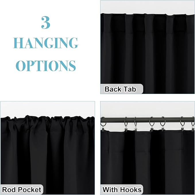RYB HOME Blackout Curtains for Bedroom, Back Tab Curtain Drapes for Dining Room/Living Room/Garage/Staircase Window, Wide 42 x Long 72 inch, Black, 1 Pair