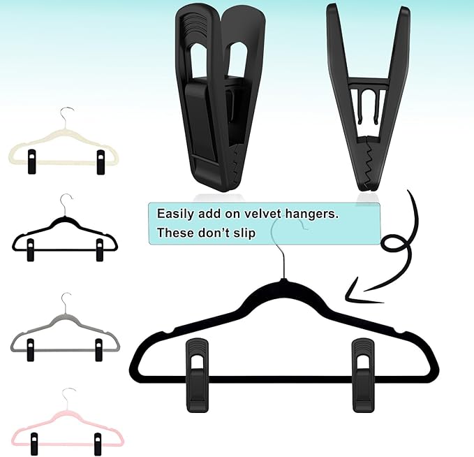 Hanger Clips Perfect for Velvet Hangers (Black, 80 PCS), Strong Plastic Clips Pant Skirt Hanger Clips for Black Flocking Felt Hangers