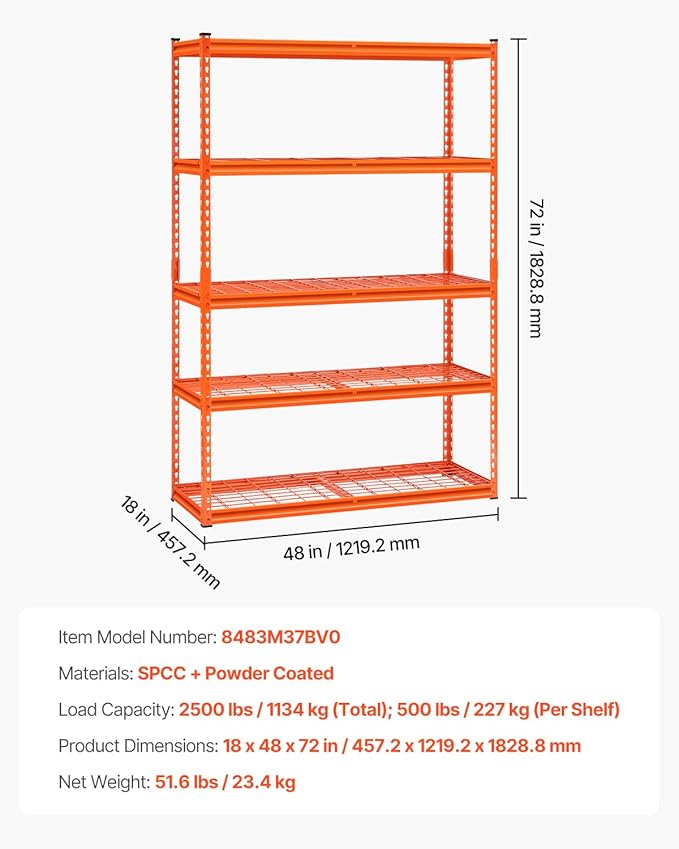 VEVOR Storage Shelves, 2500 lbs, 5 Tier Heavy Duty Garage Shelving, 18" D x 48" W x 72" H Adjustable Metal Shelves for Industrial Shelving Unit Utility Shelf, for Kitchen, Warehouse, Basement, Orange