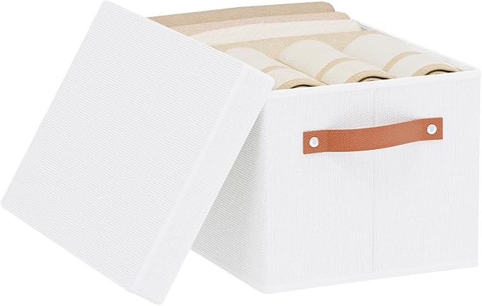 Fabric Storage Bins, Clothes Boxes for Shelves with Lids, Baskets for Organizing with Handles, Decorative Linen Closet Organizers, White, 1 Pack, 15 x 9.8 x 8.3 Inch