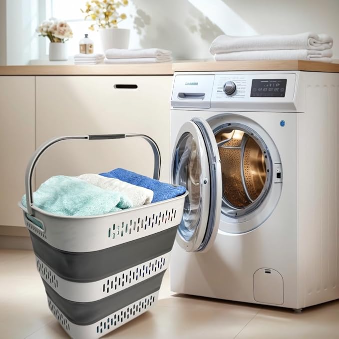 SAMMART 40L (10.5 Gallon) Collapsible Plastic Laundry Basket with Handles - Foldable Pop Up Storage Container/Organizer - Portable Laundry Hamper - Space Saving (1, Grey)