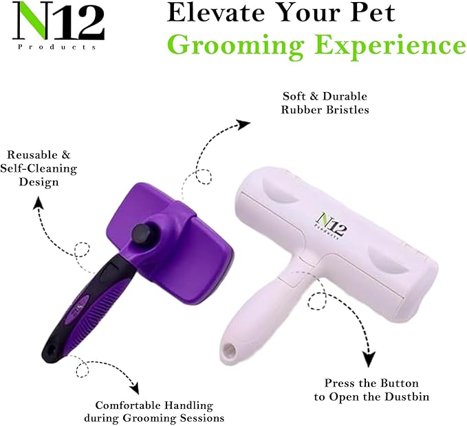 N12 Cat, Dog Hair Remover/Lint Roller and Grooming Hair Bush Combo – Pet Fur Remover for Couch, Furniture, Carpet, Car Seat & Self-Cleaning Slicker Grooming Brush with Long Pins for Shedding