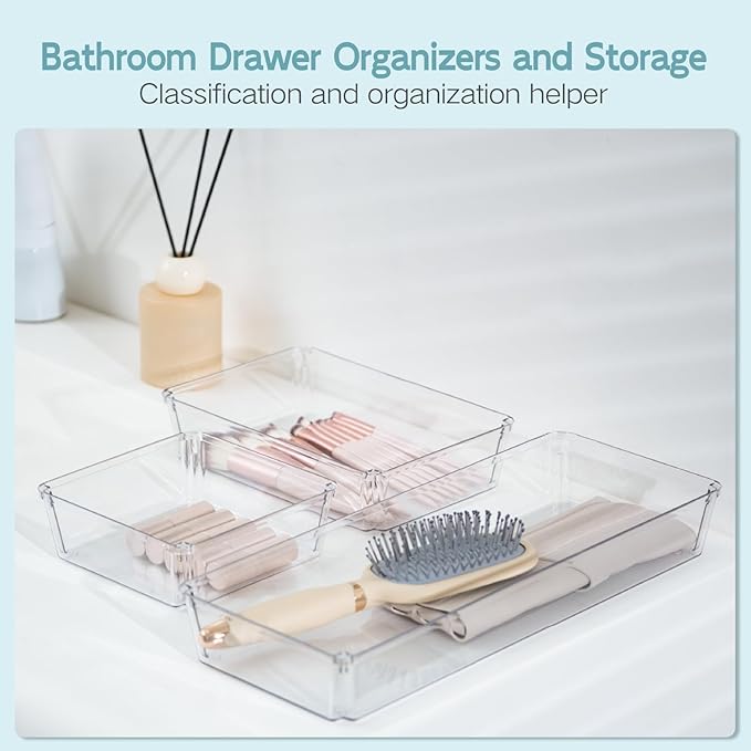 12 Pack Large Clear Plastic Drawer Organizer Trays, Desk Drawer Organizers and Storage Dividers, Non-Slip Storage Bins for Jewelry, Snacks, Office, Bathroom, Bedroom and Kitchen